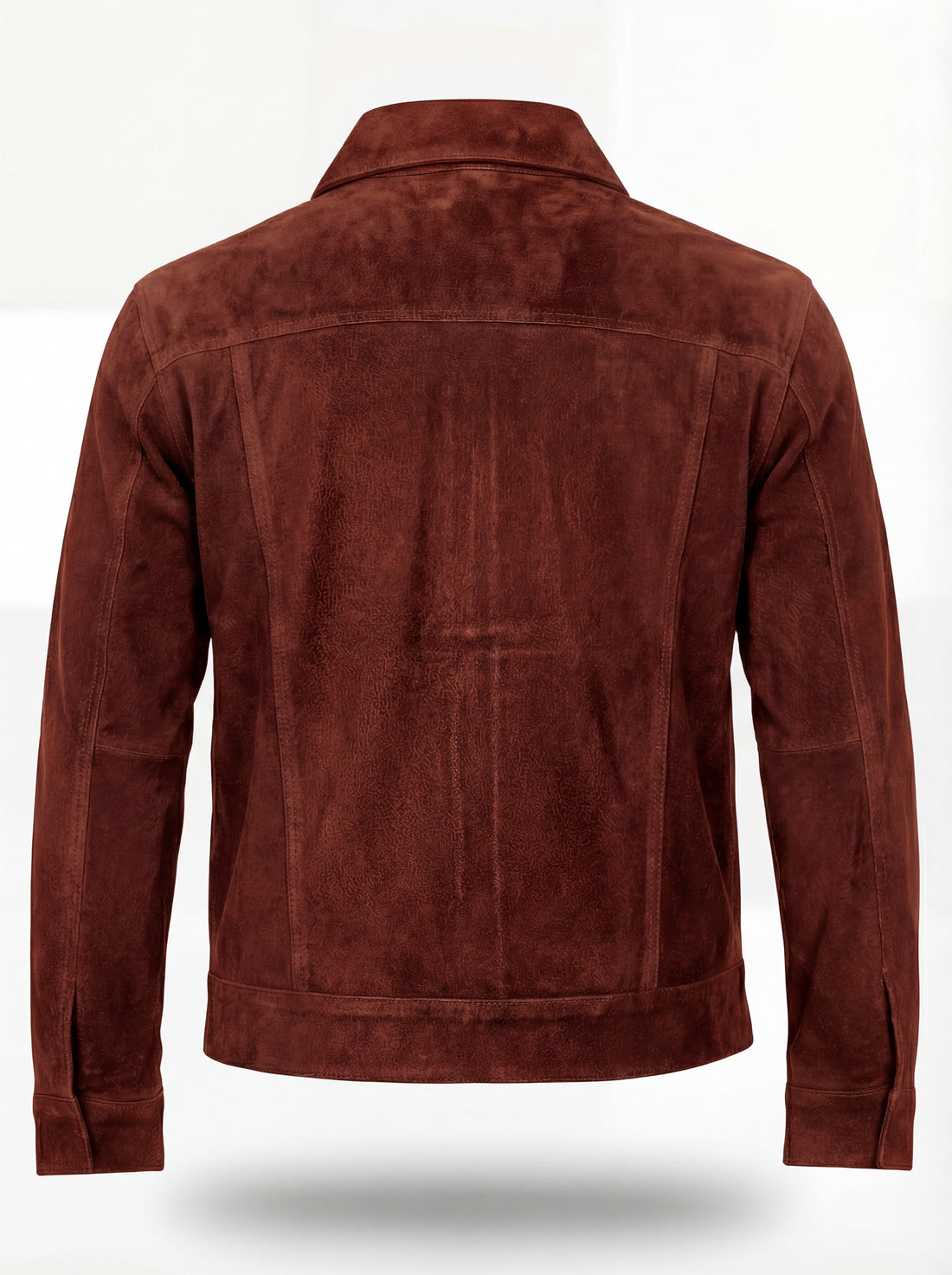 Men's rust suede trucker jacket with silver snap buttons and dual chest flap pockets, Front View. The Rowan by Maverick Jacket.