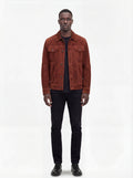 Male model wearing Maverick Rowan suede trucker jacket, regular fit, styled with black jeans. Maverick Jacket.
