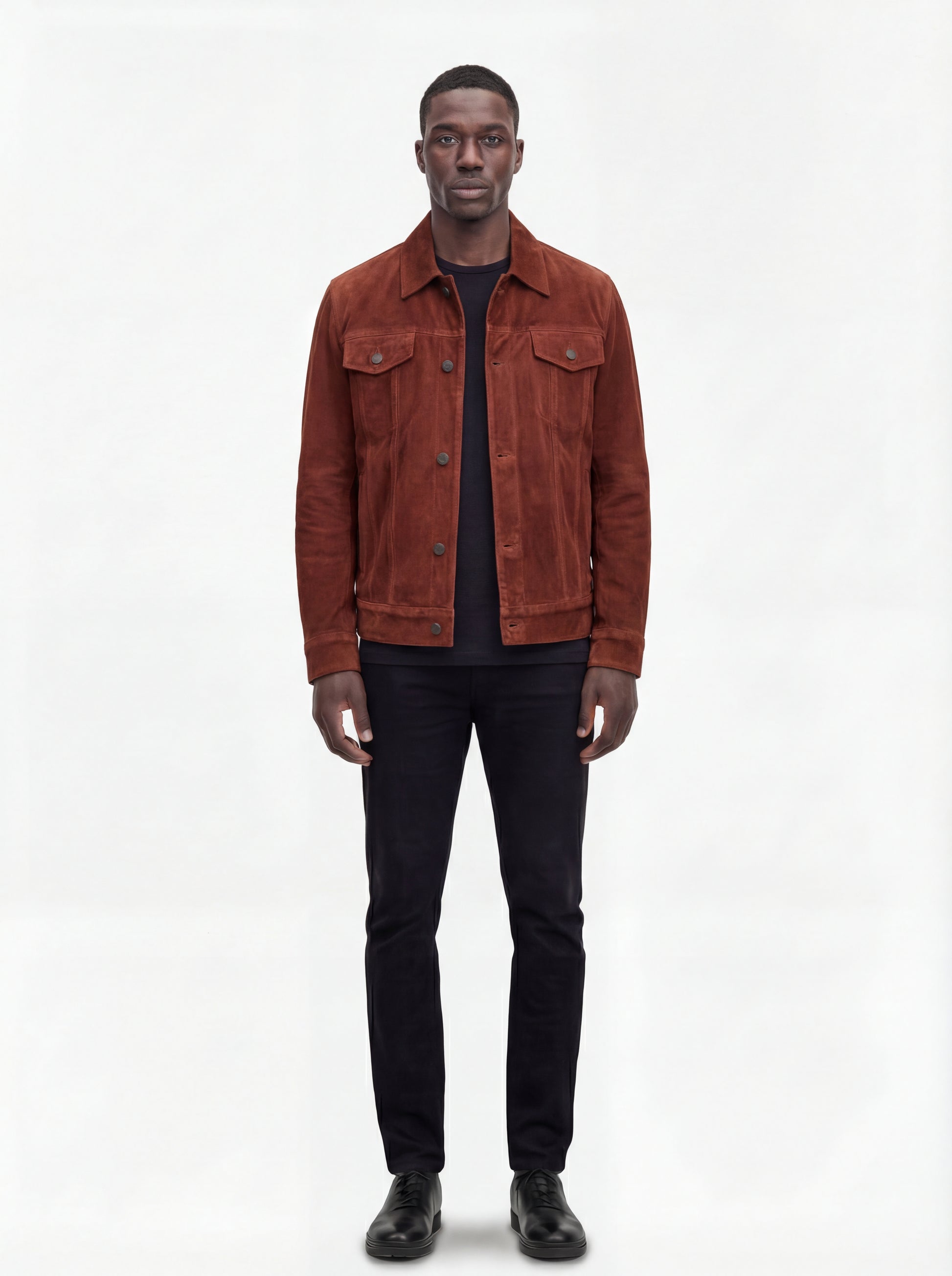 Male model wearing Maverick Rowan suede trucker jacket, regular fit, styled with black jeans. Maverick Jacket.