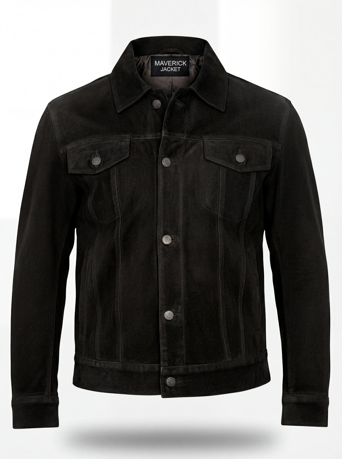 Men's black suede trucker jacket with silver snap buttons and dual chest flap pockets, Front View. The Lennon by Maverick Jacket.