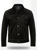 Men's black suede trucker jacket with silver snap buttons and dual chest flap pockets, Front View. The Lennon by Maverick Jacket.