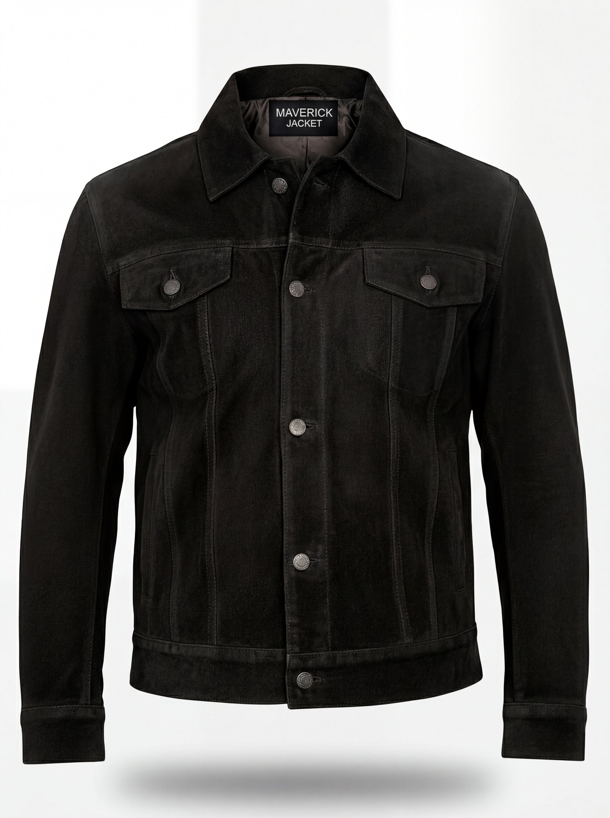 Men's black suede trucker jacket with silver snap buttons and dual chest flap pockets, Front View. The Lennon by Maverick Jacket.