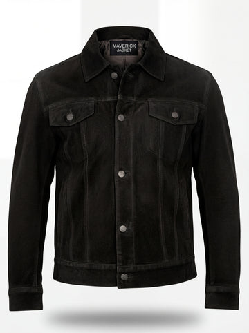 Men's black suede trucker jacket with silver snap buttons and dual chest flap pockets, Front View. The Lennon by Maverick Jacket.