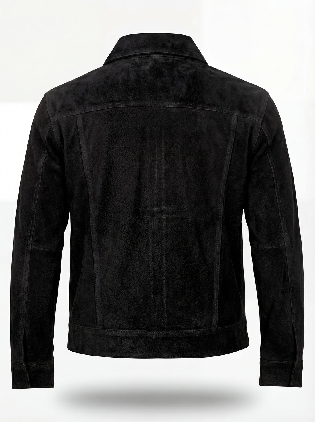 Men's black suede trucker jacket with silver snap buttons and dual chest flap pockets, Front View. The Lennon by Maverick Jacket.