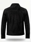 Rear view of black suede trucker jacket showing structured back yoke and adjustable waist tabs. The Lennon by Maverick Jacket.