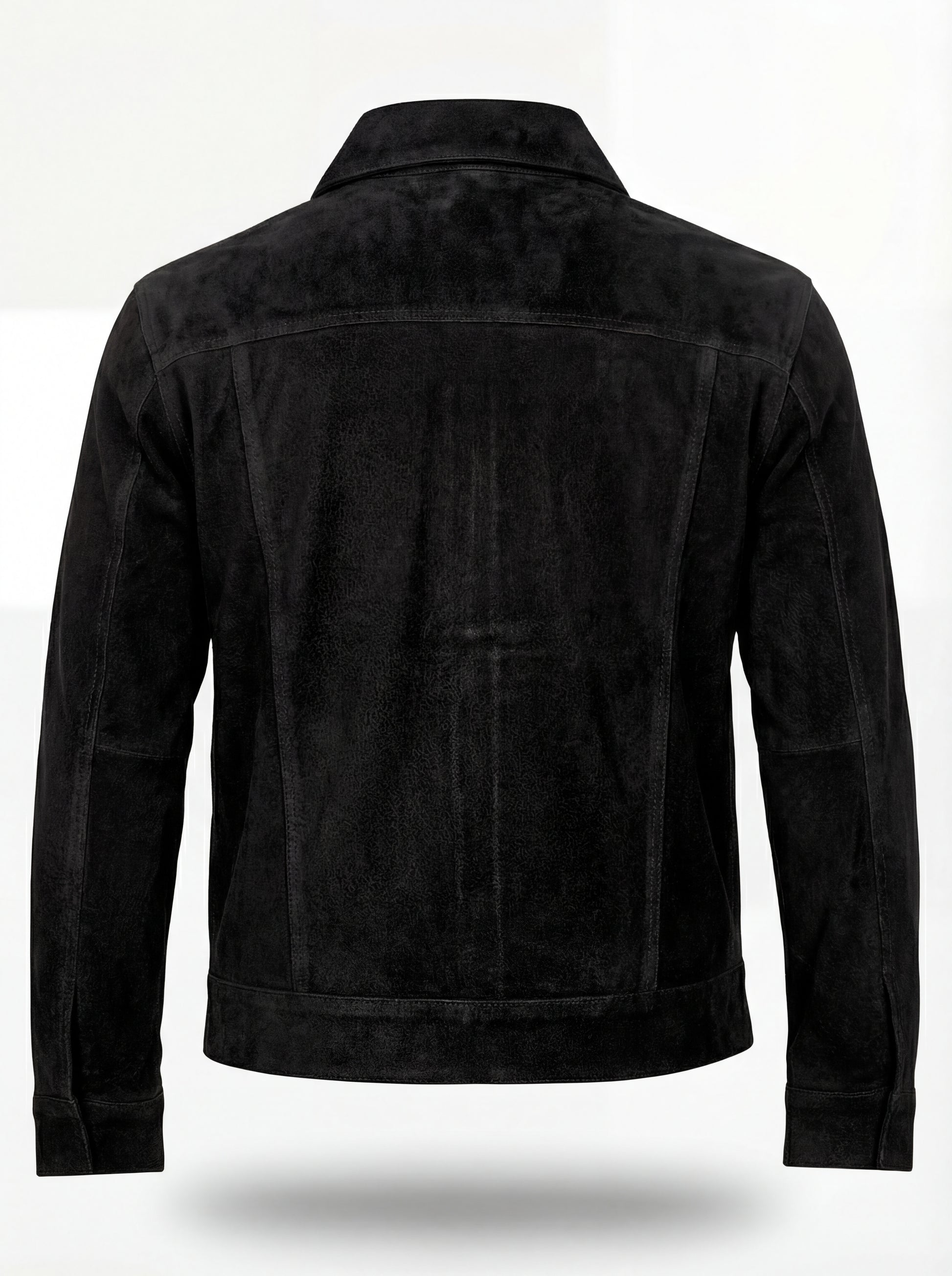 Rear view of black suede trucker jacket showing structured back yoke and adjustable waist tabs. The Lennon by Maverick Jacket.