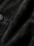 Macro shot of soft black suede texture and silver hardware detail on trucker jacket. The Lennon by Maverick Jacket.