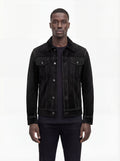 Male model wearing Maverick Lennon suede trucker jacket, regular fit, styled with black jeans. Maverick Jacket.
