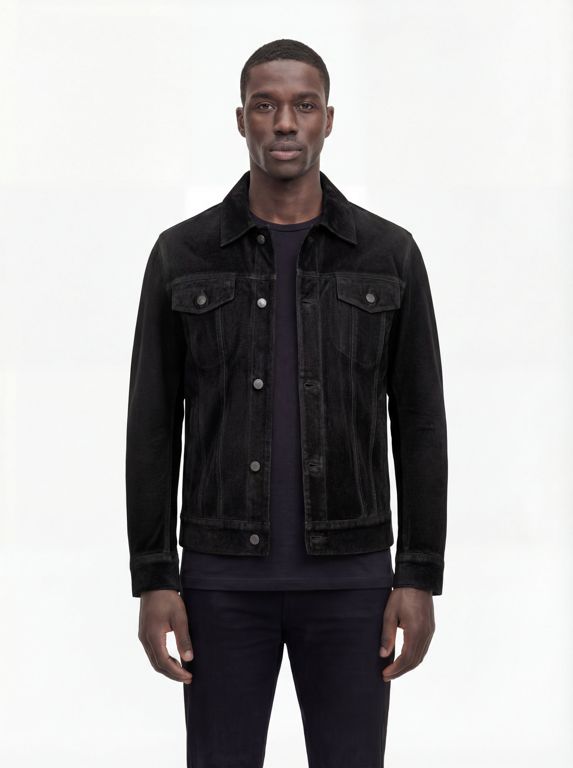 Male model wearing Maverick Lennon suede trucker jacket, regular fit, styled with black jeans. Maverick Jacket.