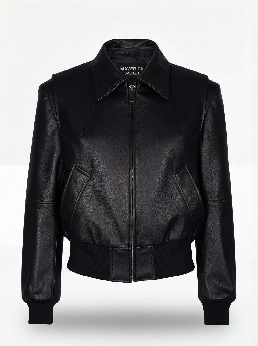 Women's black leather bomber jacket with ribbed knit waistband and pointed shirt collar, Front View. The Isla by Maverick Jacket.