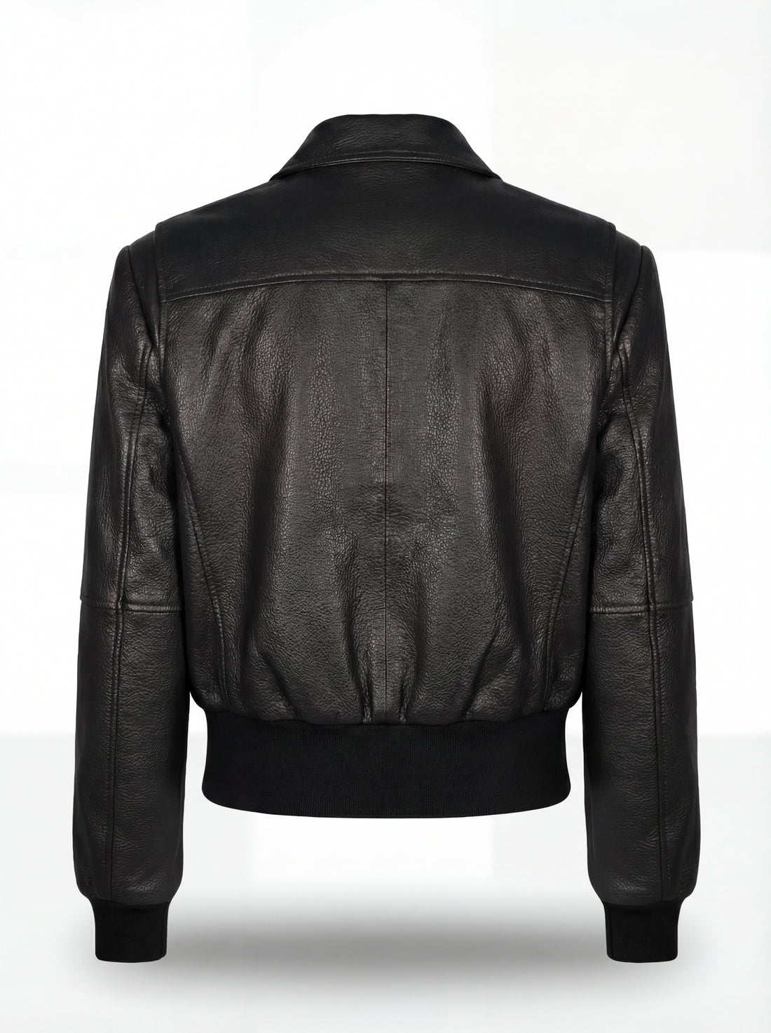 Women's black leather bomber jacket with ribbed knit waistband and pointed shirt collar, Front View. The Isla by Maverick Jacket.