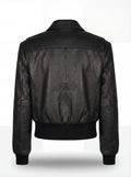Rear view of black leather bomber jacket showing vertical back seam and elasticated ribbed hem. The Isla by Maverick Jacket.