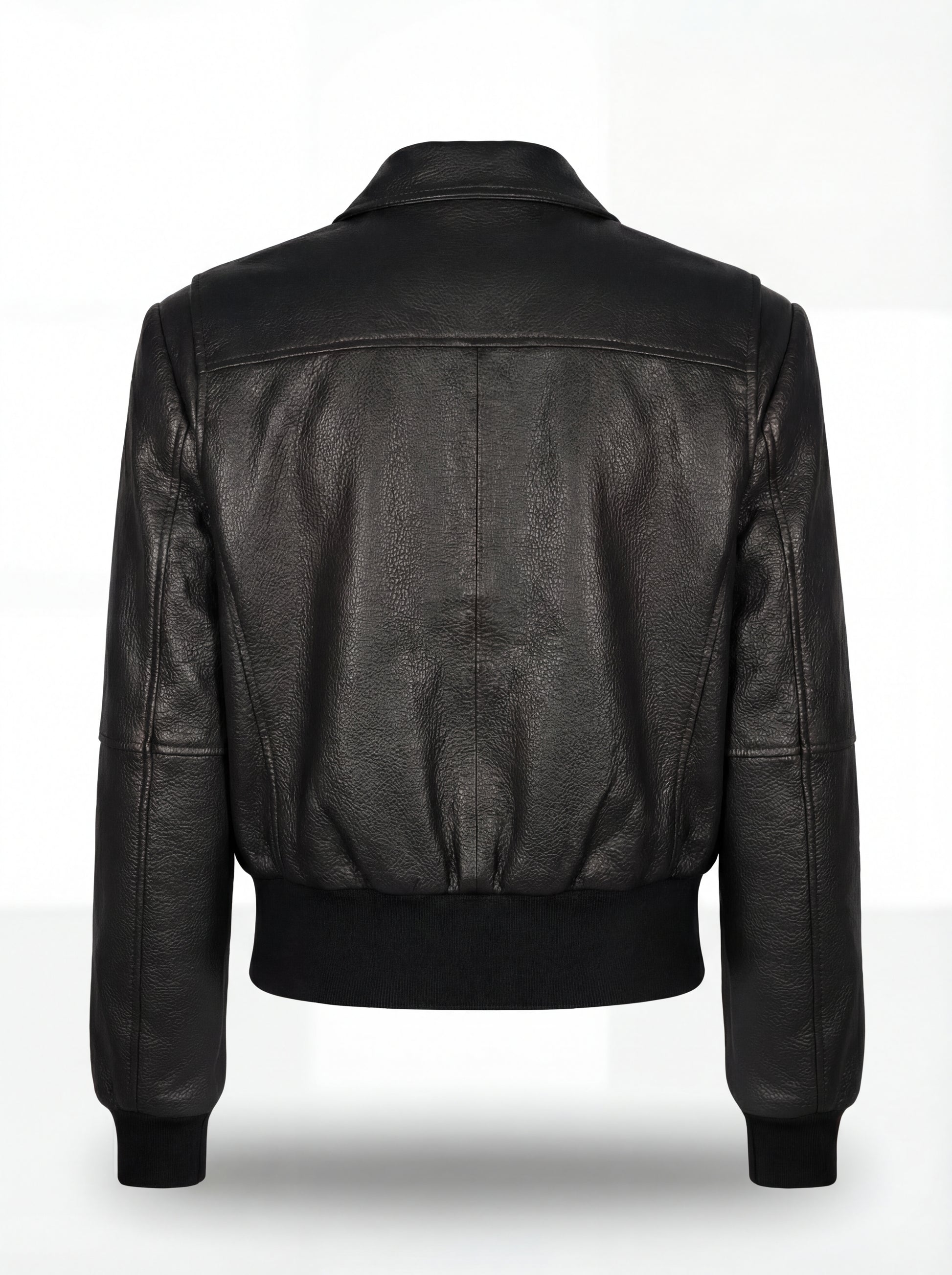 Rear view of black leather bomber jacket showing vertical back seam and elasticated ribbed hem. The Isla by Maverick Jacket.