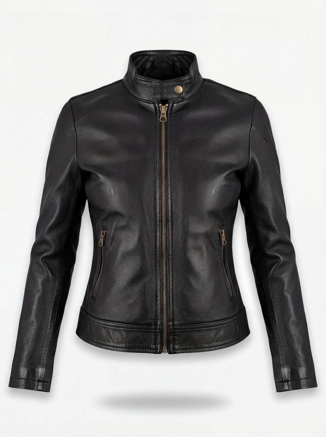 Women's black leather café racer jacket with snap-button mandarin collar and brass zipper hardware, Front View. The Maeve by Maverick Jacket.