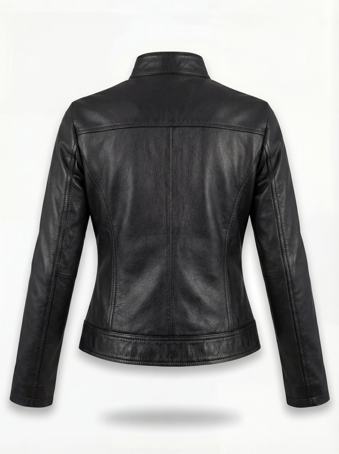 Women's black leather café racer jacket with snap-button mandarin collar and brass zipper hardware, Front View. The Maeve by Maverick Jacket.