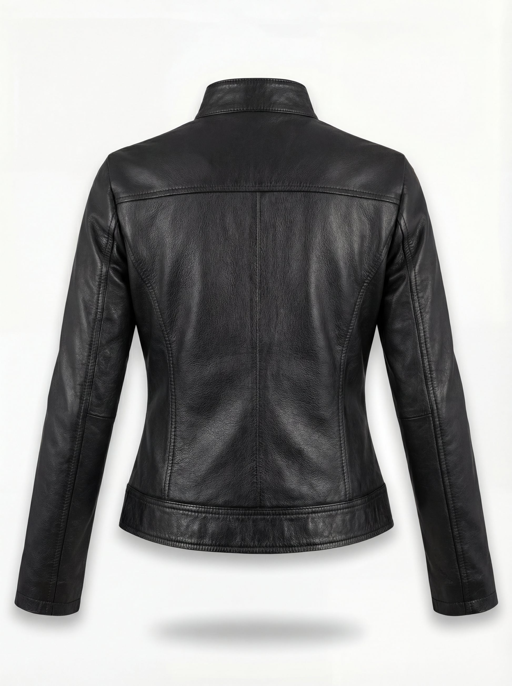 Rear view of black leather café racer jacket showing vertical center seam and contoured back paneling. The Maeve by Maverick Jacket.