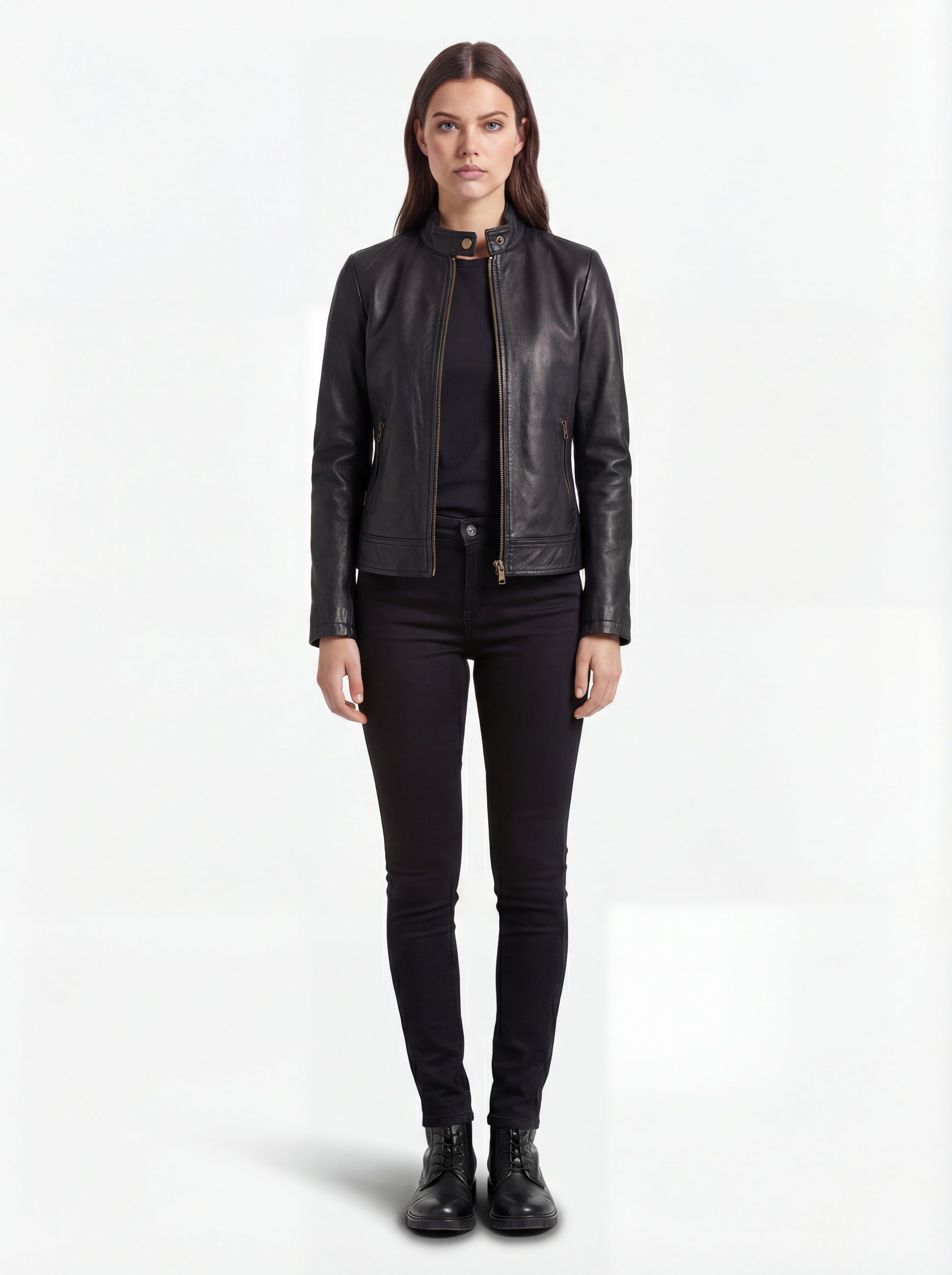 Female model wearing Maverick Maeve leather café racer jacket, slim fit, styled with black skinny jeans and black combat boots. Maverick Jacket.