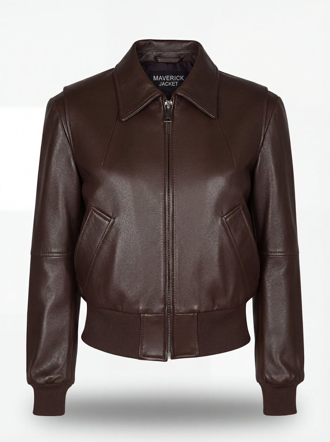 Women's brown leather bomber jacket with ribbed knit waistband and pointed shirt collar, Front View. The Isla by Maverick Jacket.