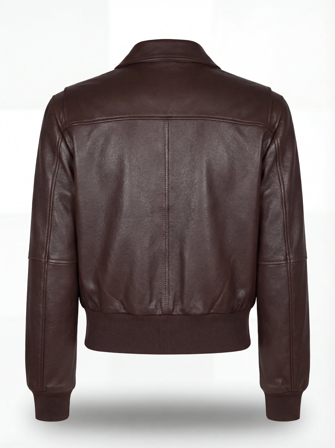 Women's brown leather bomber jacket with ribbed knit waistband and pointed shirt collar, Front View. The Isla by Maverick Jacket.