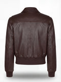 Rear view of brown leather bomber jacket showing vertical back seam and elasticated ribbed hem. The Isla by Maverick Jacket.