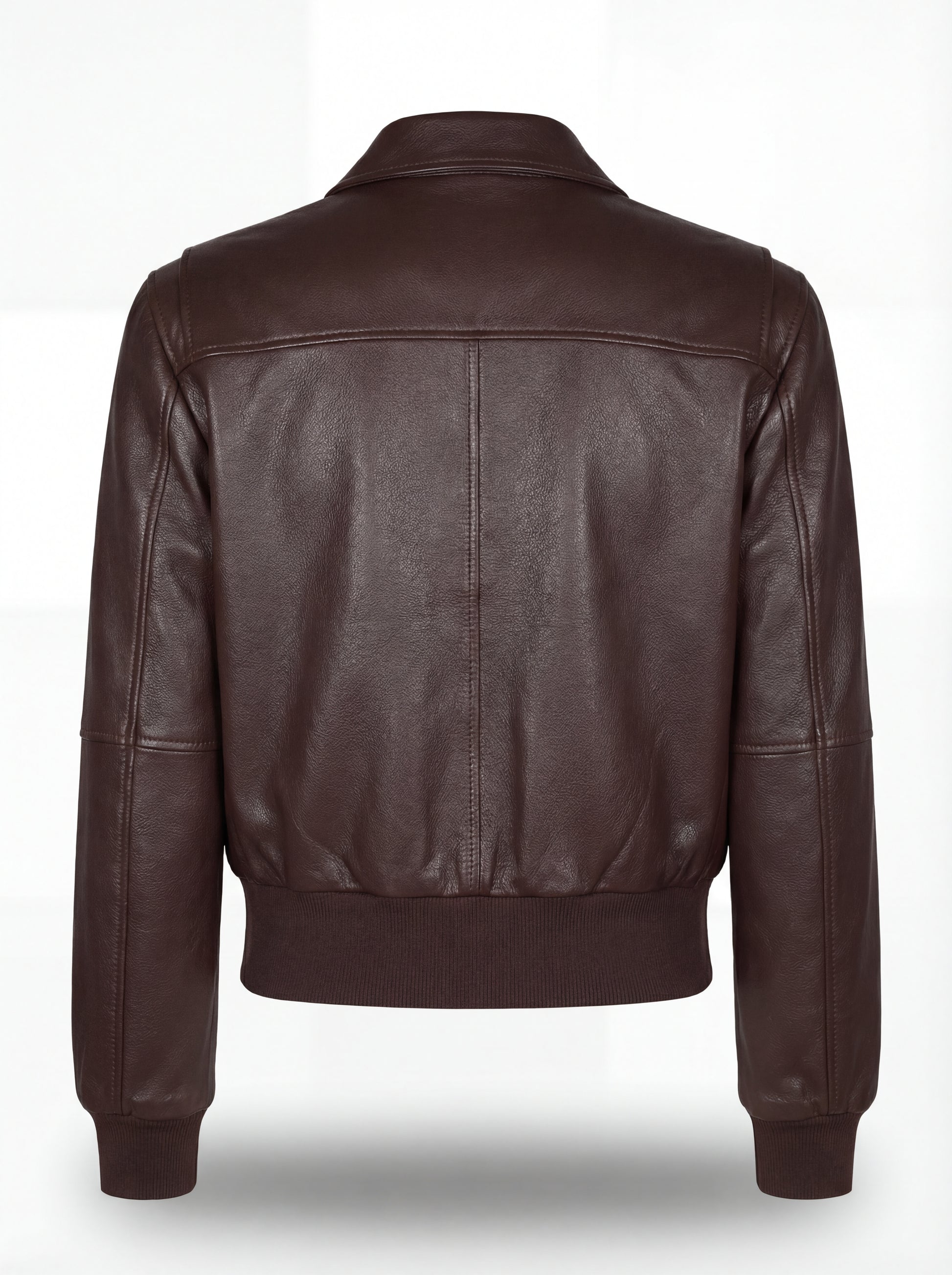Rear view of brown leather bomber jacket showing vertical back seam and elasticated ribbed hem. The Isla by Maverick Jacket.