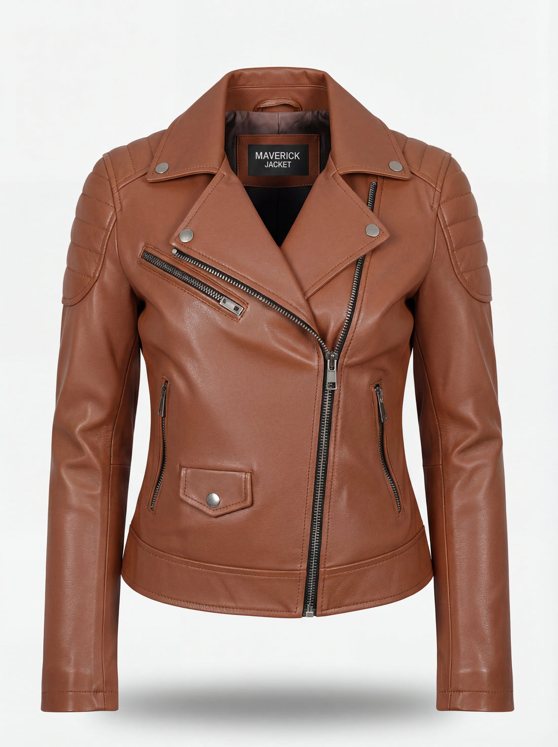 Women's tan leather biker jacket with quilted shoulder panels and asymmetrical silver zipper, Front View. The Stella by Maverick Jacket.