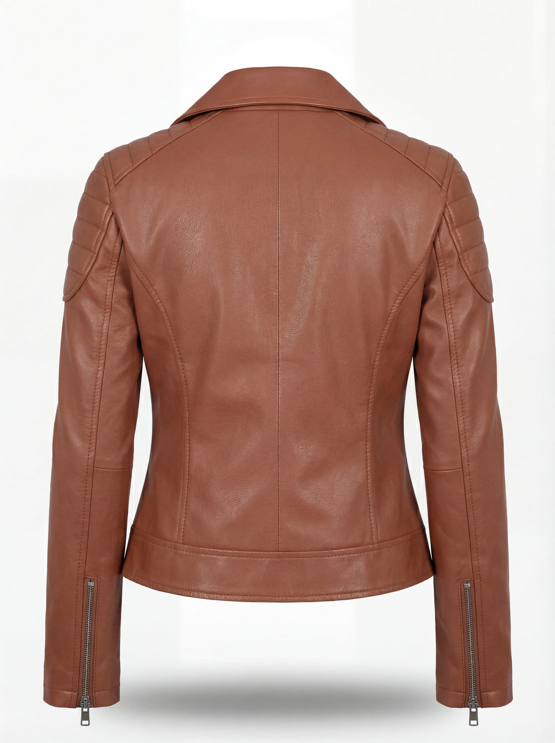 Women's tan leather biker jacket with quilted shoulder panels and asymmetrical silver zipper, Front View. The Stella by Maverick Jacket.