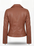 Rear view of tan leather biker jacket showing quilted shoulder details and fitted back paneling. The Stella by Maverick Jacket.