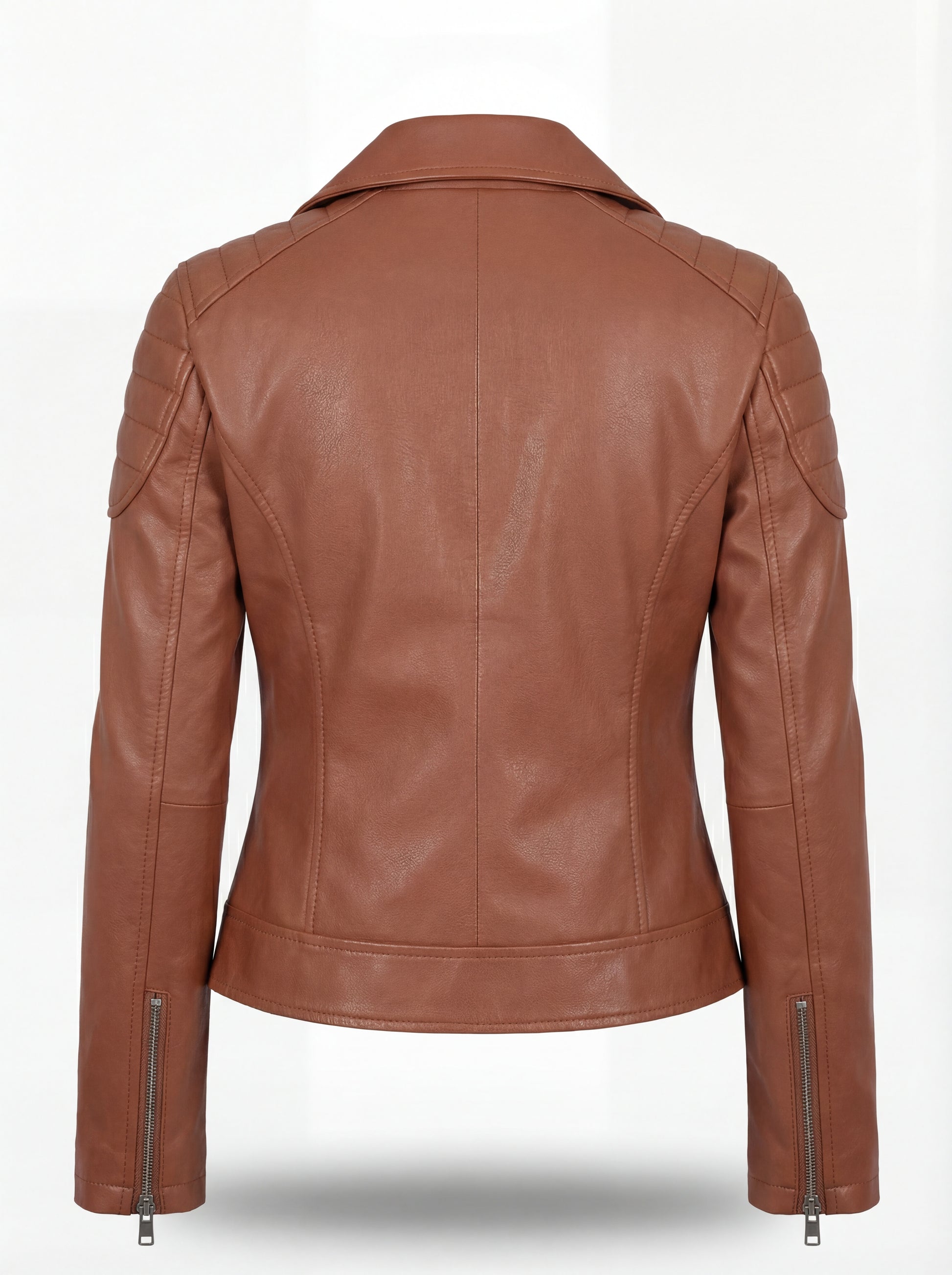 Rear view of tan leather biker jacket showing quilted shoulder details and fitted back paneling. The Stella by Maverick Jacket.