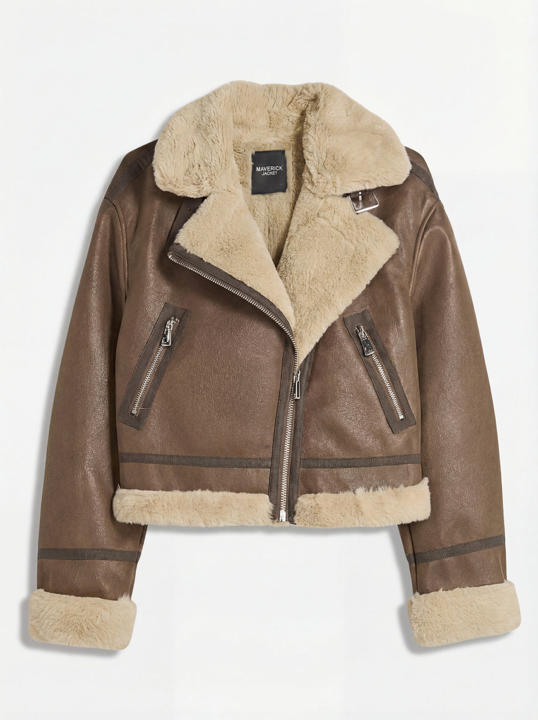 Women's brown leather shearling aviator jacket with oversized cream fur collar and angled zipper pockets, Front View. The Amelia by Maverick Jacket.