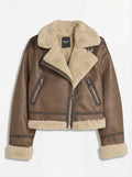 Women's brown leather shearling aviator jacket with oversized cream fur collar and angled zipper pockets, Front View. The Amelia by Maverick Jacket.