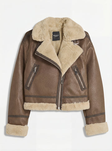 Women's brown leather shearling aviator jacket with oversized cream fur collar and angled zipper pockets, Front View. The Amelia by Maverick Jacket.