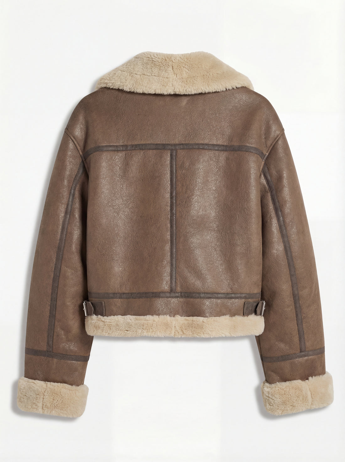 Women's brown leather shearling aviator jacket with oversized cream fur collar and angled zipper pockets, Front View. The Amelia by Maverick Jacket.