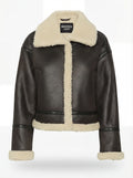 Women's black leather and shearling aviator jacket with wide cream fur collar and vertical trim, Front View. The Thea by Maverick Jacket.