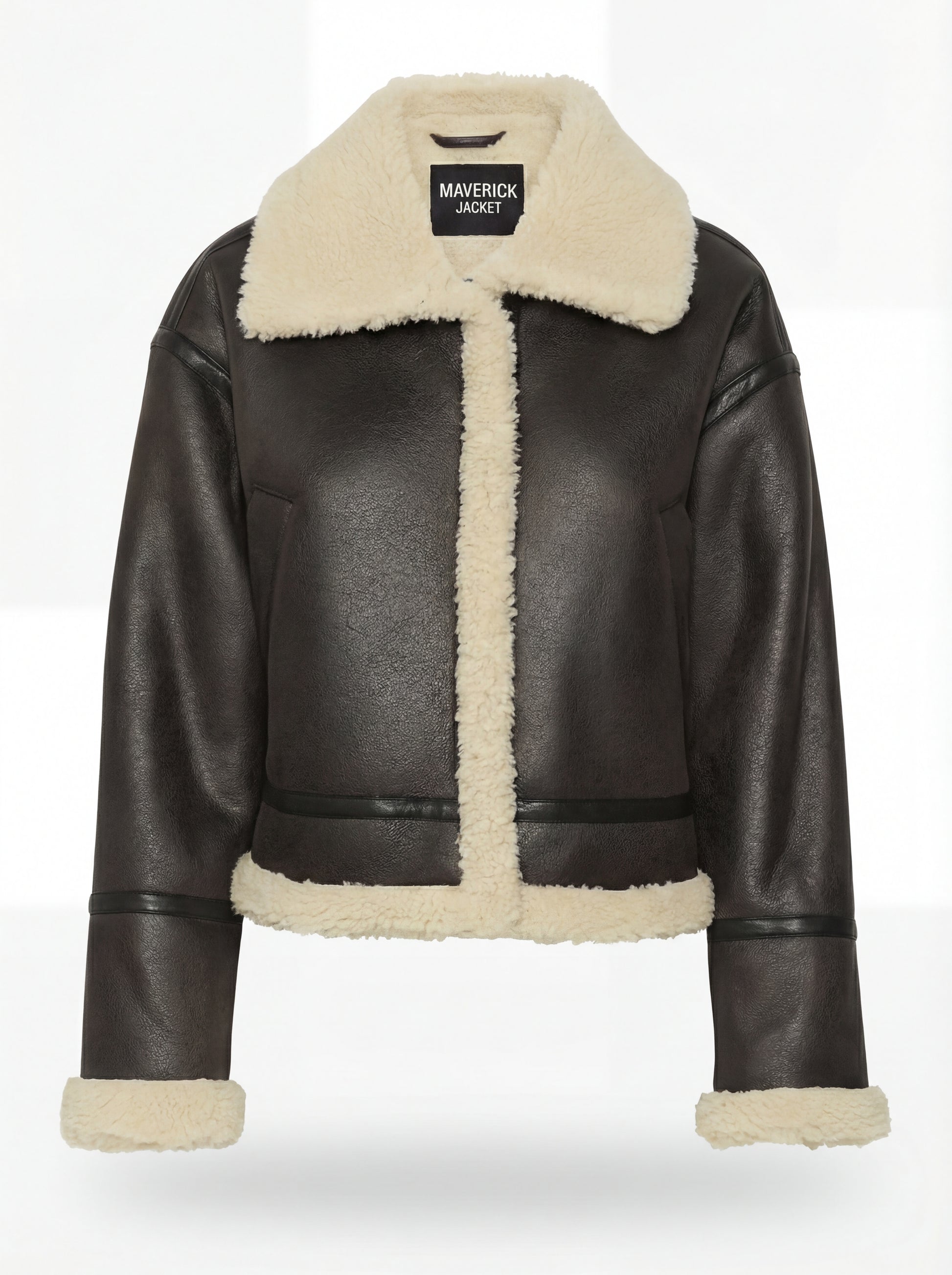 Women's black leather and shearling aviator jacket with wide cream fur collar and vertical trim, Front View. The Thea by Maverick Jacket.