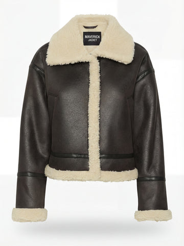 Women's black leather and shearling aviator jacket with wide cream fur collar and vertical trim, Front View. The Thea by Maverick Jacket.
