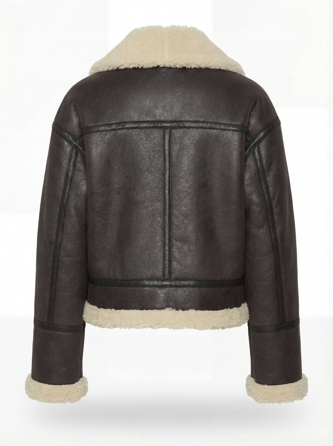 Women's black leather and shearling aviator jacket with wide cream fur collar and vertical trim, Front View. The Thea by Maverick Jacket.