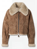 Women's tan suede shearling aviator jacket with cream fur collar and cuffs, Front View. Maverick Anya.