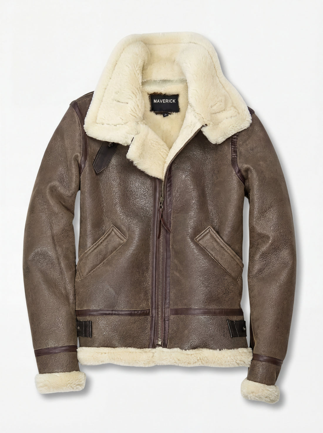Women's brown distressed leather aviator jacket with cream shearling lapels and asymmetric zipper closure, Front View. Maverick Paige.