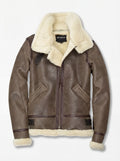 Women's brown distressed leather aviator jacket with cream shearling lapels and asymmetric zipper closure, Front View. Maverick Paige.
