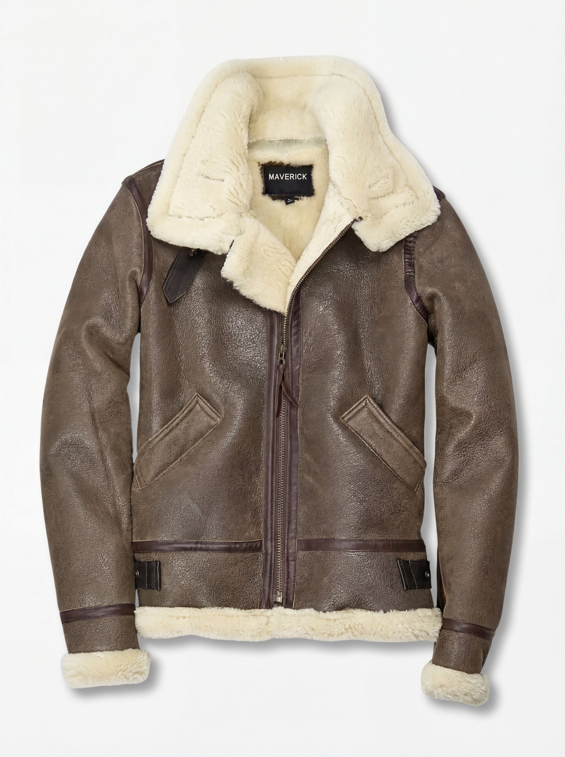 Women's brown distressed leather aviator jacket with cream shearling lapels and asymmetric zipper closure, Front View. Maverick Paige.