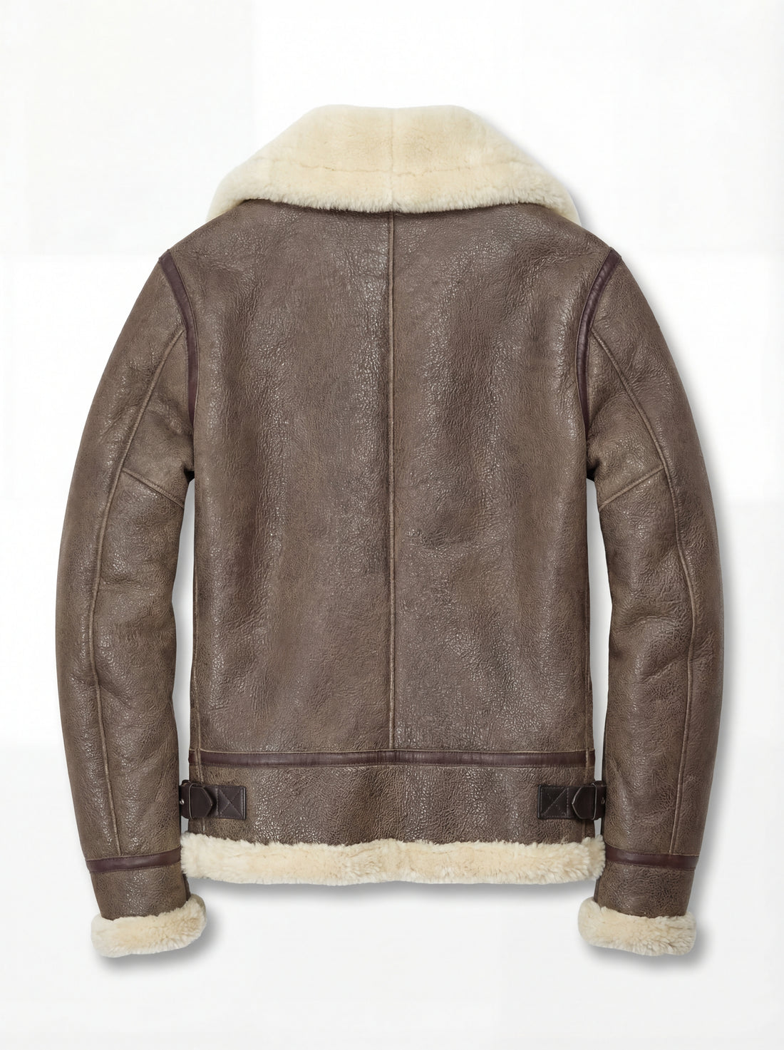 Women's brown distressed leather aviator jacket with cream shearling lapels and asymmetric zipper closure, Front View. Maverick Paige.