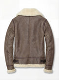 brown distressed leather aviator jacket with cream shearling lapels, back View. Maverick Paige.