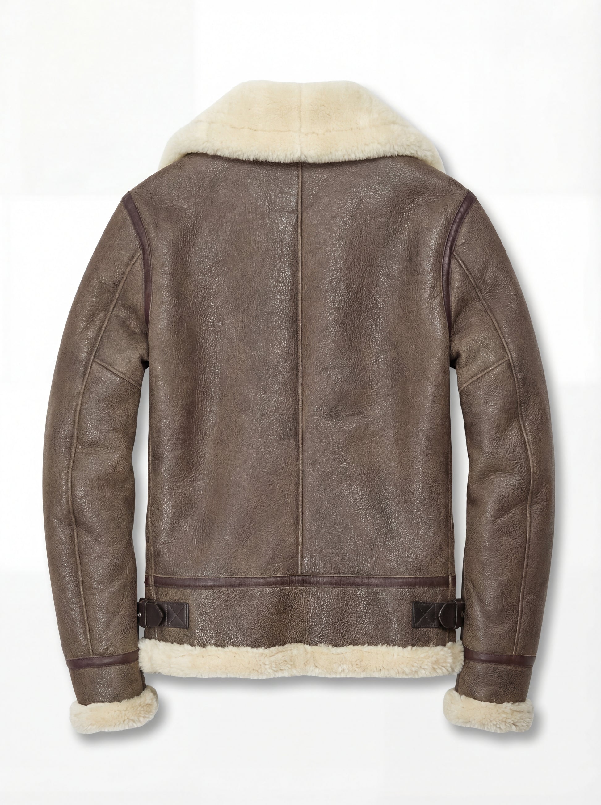brown distressed leather aviator jacket with cream shearling lapels, back View. Maverick Paige.