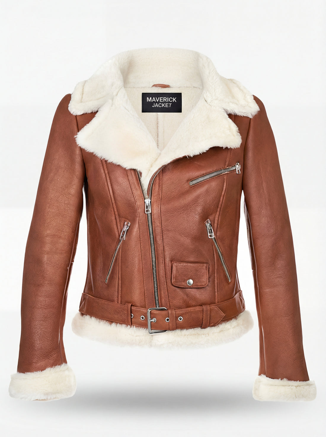 Women's tan leather shearling biker jacket with cream fur lapels and belted waist, Front View. Maverick Fallon.
