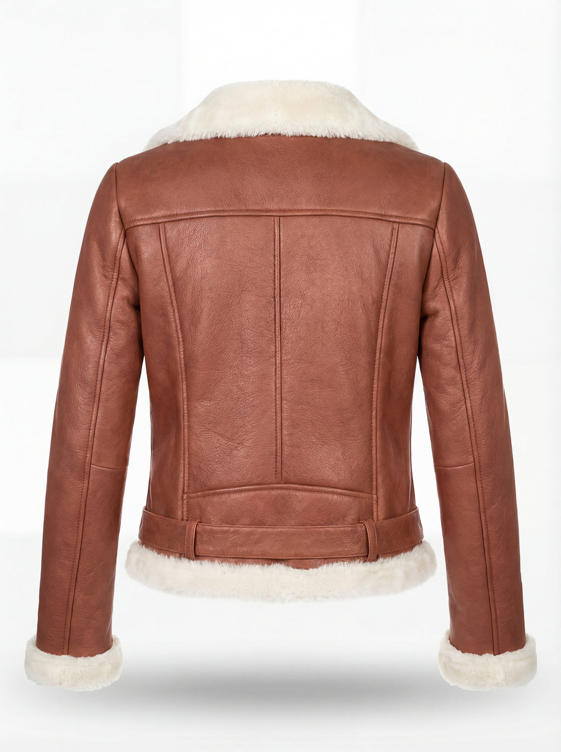 Women's tan leather shearling biker jacket with cream fur lapels and belted waist, Front View. Maverick Fallon.