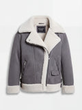Women's grey suede shearling aviator jacket with white fur collar and asymmetric zipper, Front View. Maverick Esme.