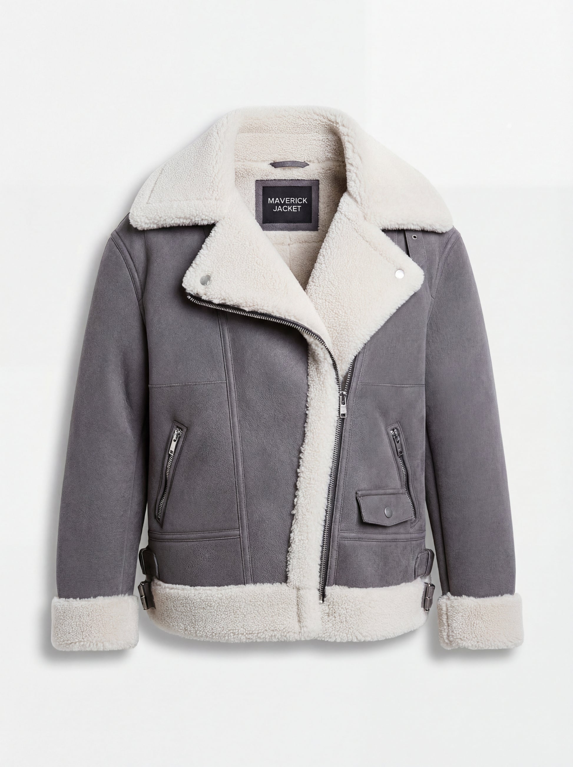 Women's grey suede shearling aviator jacket with white fur collar and asymmetric zipper, Front View. Maverick Esme.