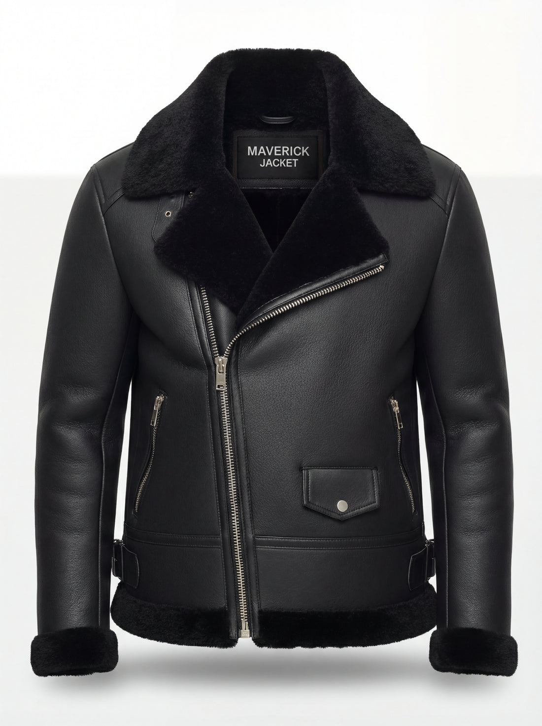 Women's black leather aviator jacket with black shearling lapels and asymmetric silver zipper, Front View. Maverick Nova.