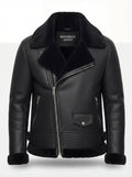 Women's black leather aviator jacket with black shearling lapels and asymmetric silver zipper, Front View. Maverick Nova.